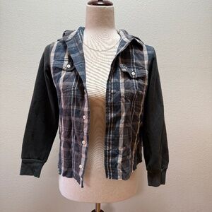 POLO Ralph Lauren  Flannel Hoodie Shirt Custom Distressed Raw Hem Boys M 10-12